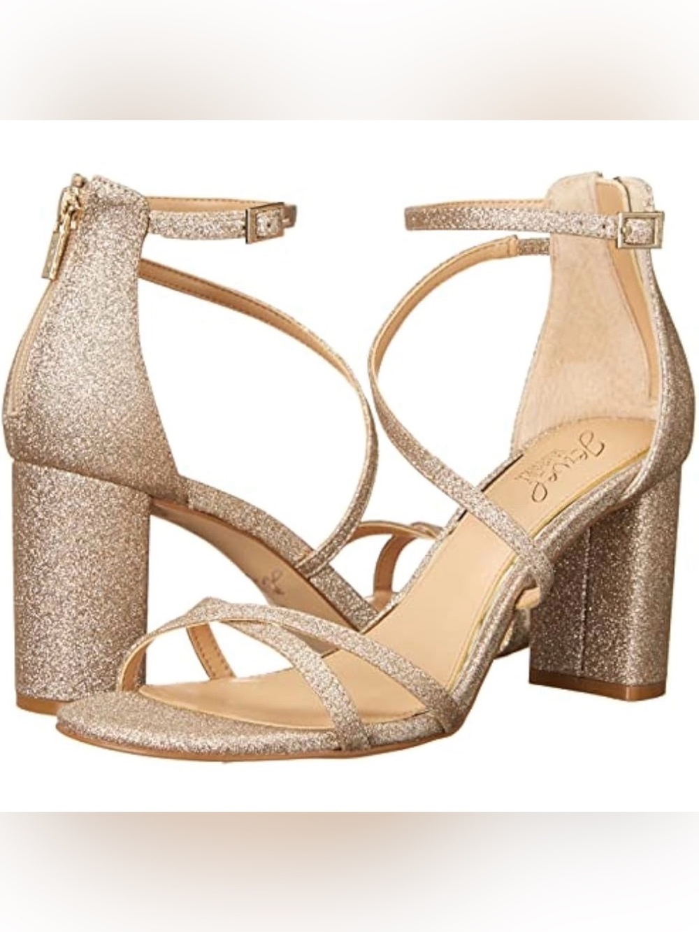 NEW Jewel Badgley Mischka Devorah Micro Gold Glitter 3”Block Heel Sandals Size 6